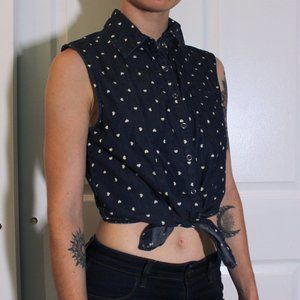 Denim Button Crop Top with Ties and White Hearts